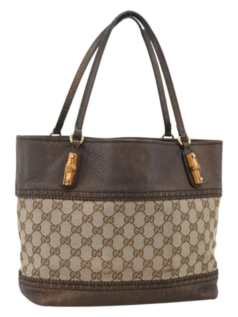 GUCCI GG Canvas Bamboo Tote Bag Black Gold 353125 Auth ka3798